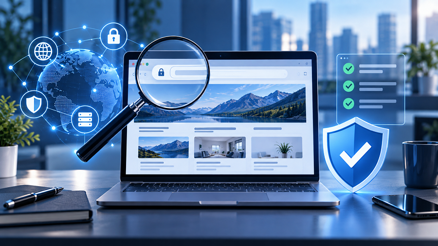 Cybersecurity Workspace with Shield and Magnifying Glass